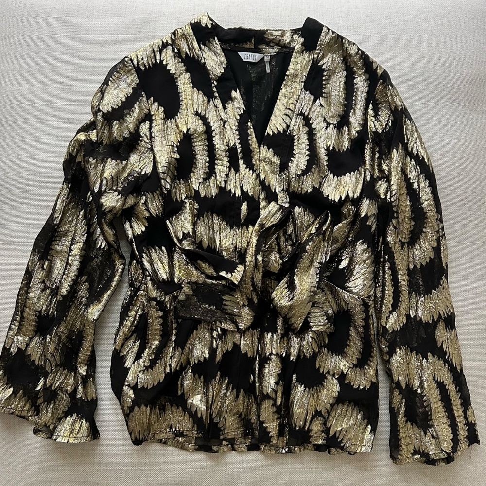Kaktus Black and Gold Patterned Blouse Long Sleeve (M)